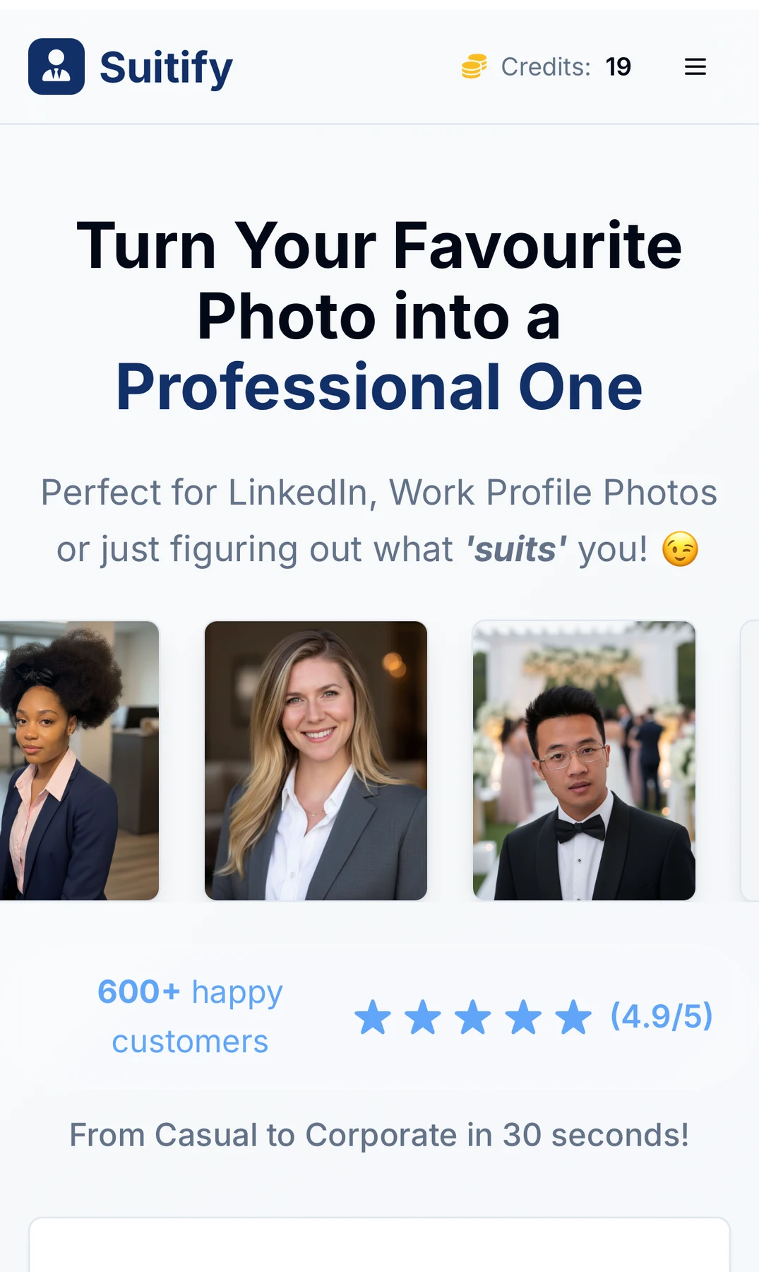Suitify generative AI product for creating professional headshots from a photo.